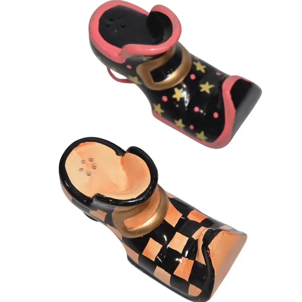 Witch Shoe Salt Pepper Shakers Mismatched Harlequin Stars Halloween Whimsical